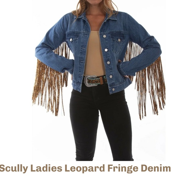 Women’s denim Jean jacket with leopard Fringe on the arms and across the back - Picture 2 of 6